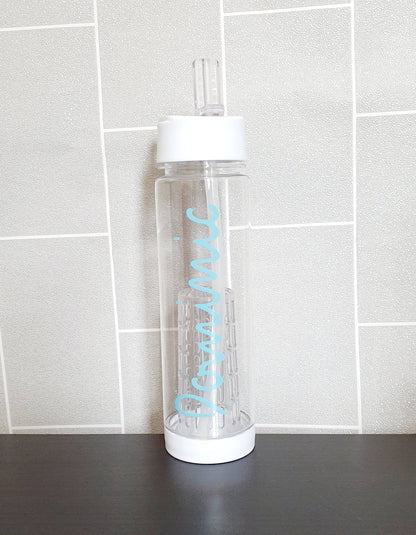 Detachable fruit infuser component of personalised water bottle with straw