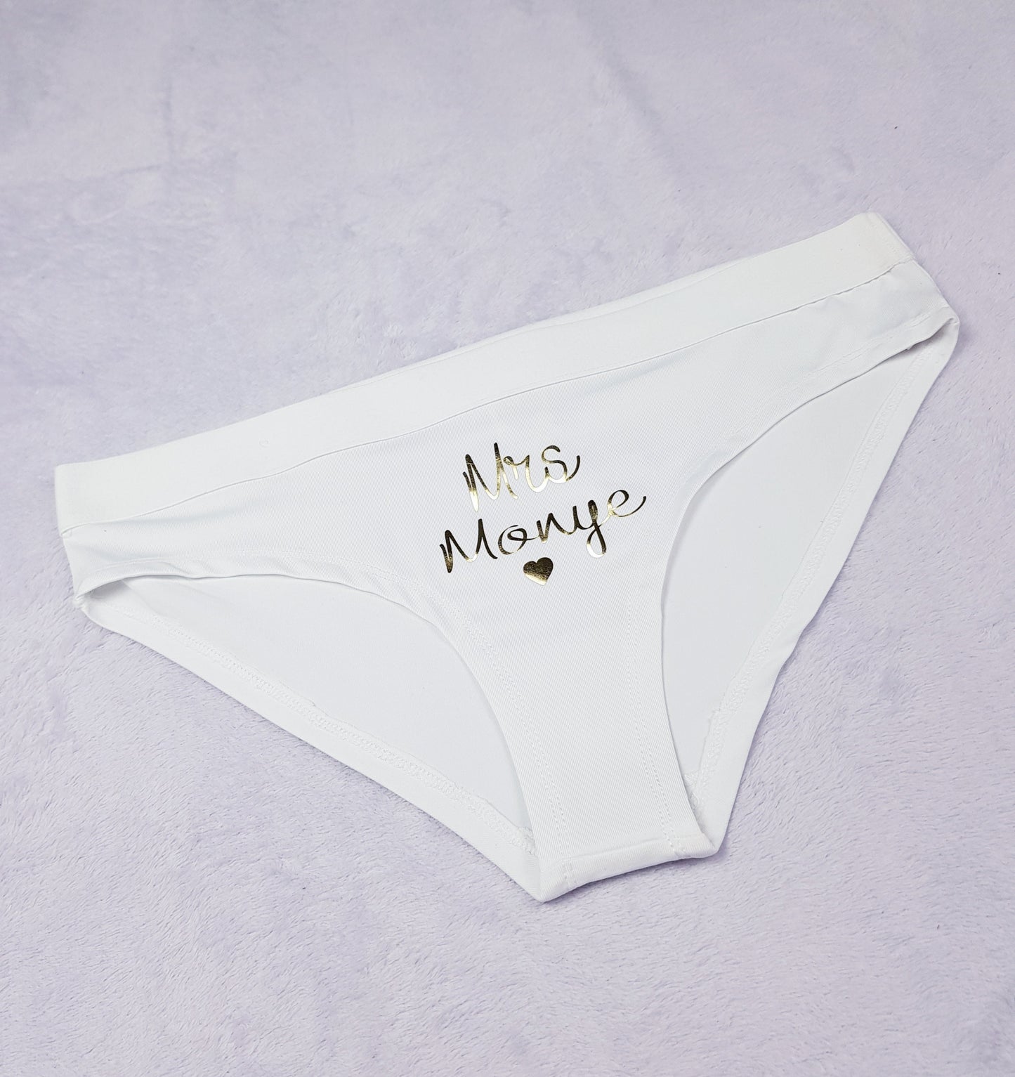 Personalised bridal knickers with Mrs name and heart symbol in gold foil, romantic wedding lingerie