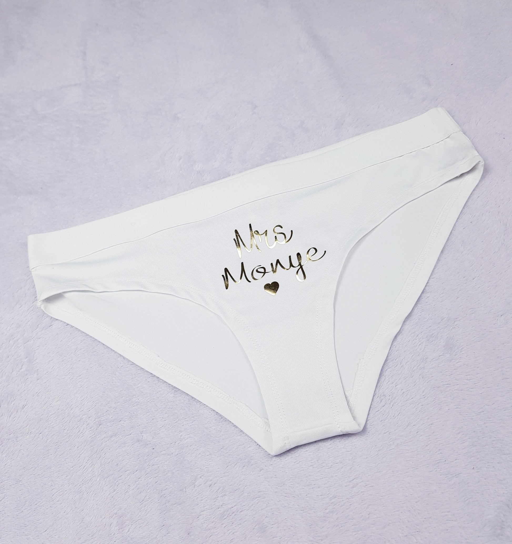 Personalised bridal knickers with Mrs name and heart symbol in gold foil, romantic wedding lingerie