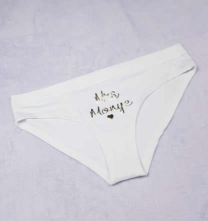 Personalised bridal knickers with Mrs name and heart symbol in gold foil, romantic wedding lingerie