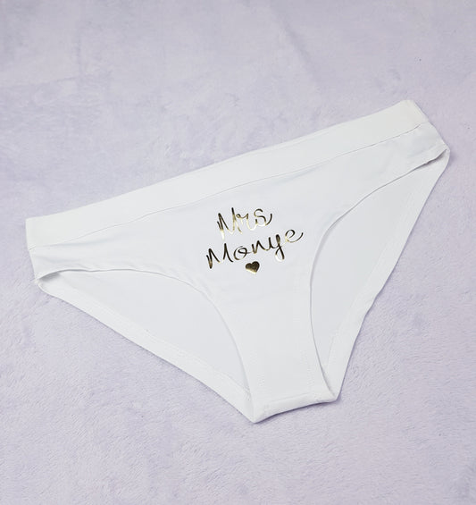 Personalised bridal knickers with Mrs name and heart symbol in gold foil, romantic wedding lingerie