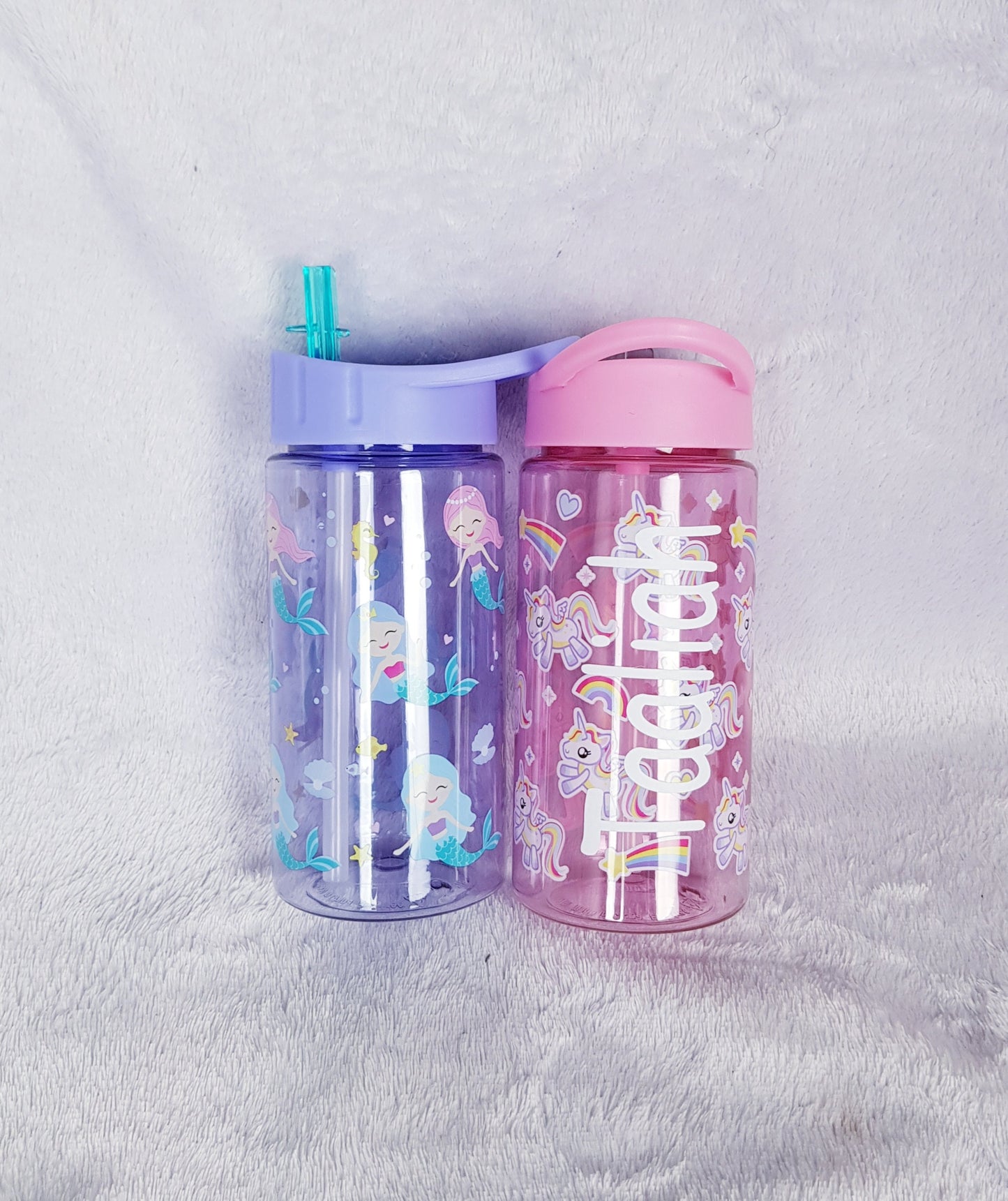 Personalised water bottle included in the flower girl gift set with custom name in white vinyl
