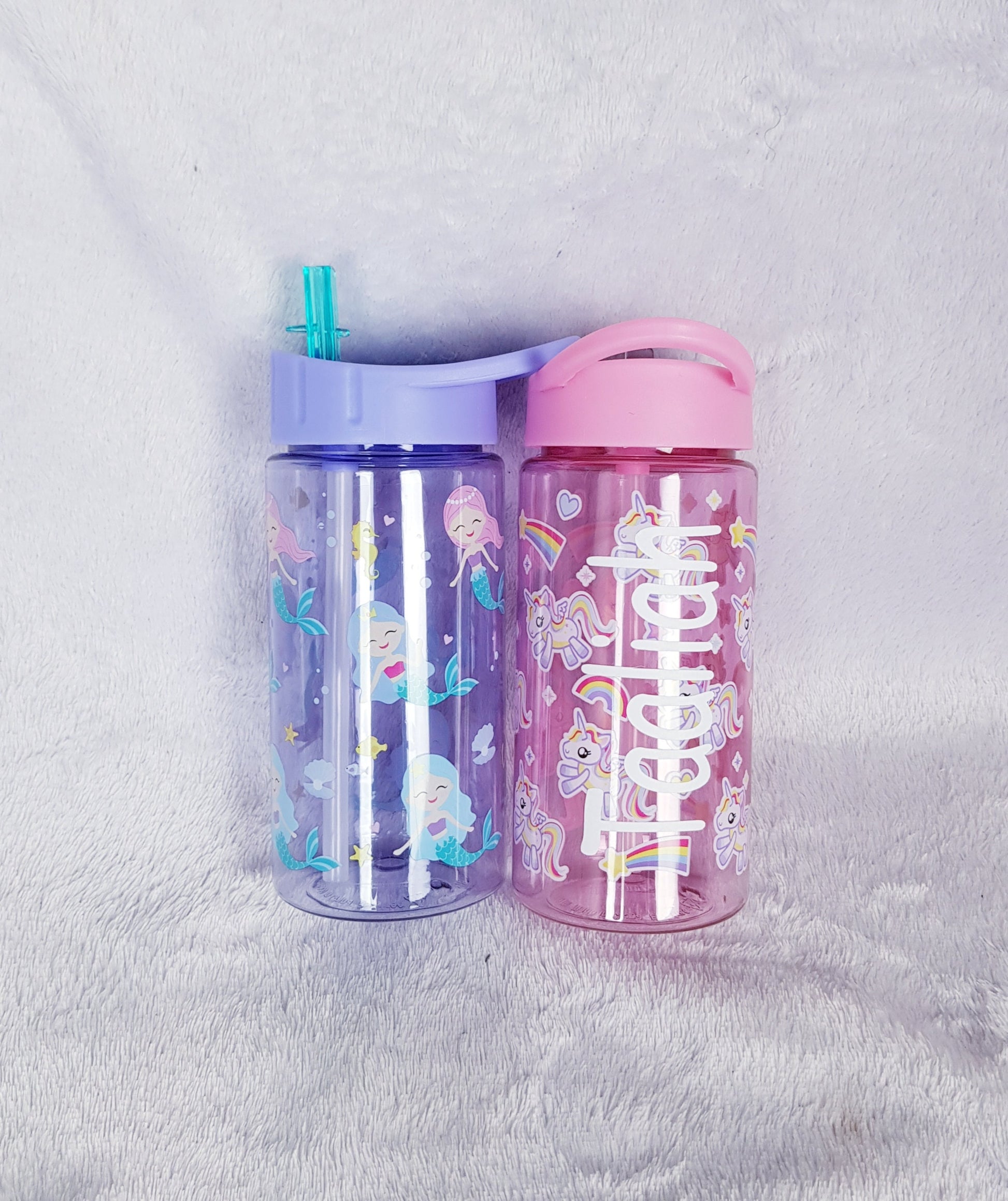 Personalised water bottle included in the flower girl gift set with custom name in white vinyl