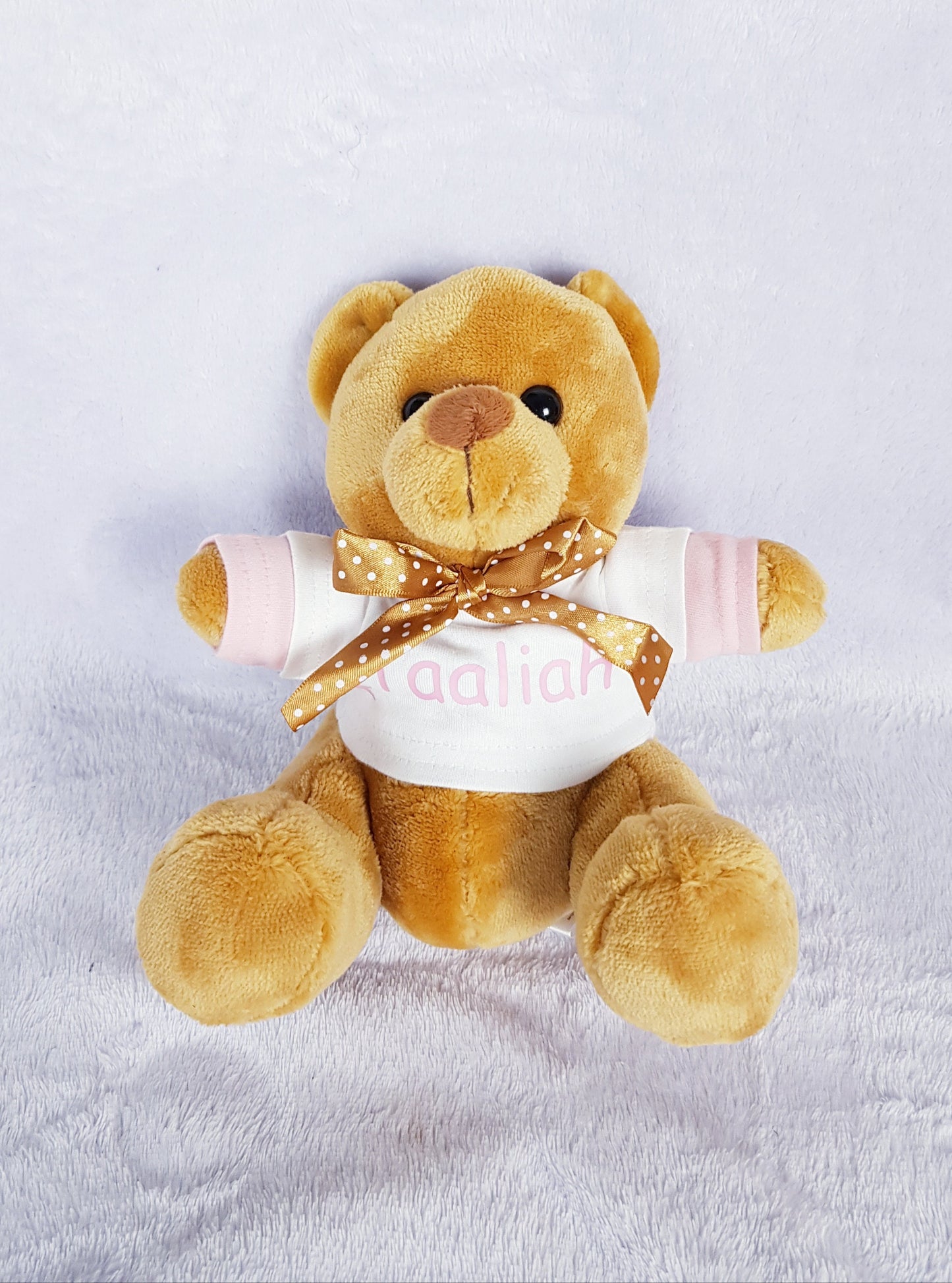 Personalised teddy bear from flower girl gift set wearing custom printed t-shirt