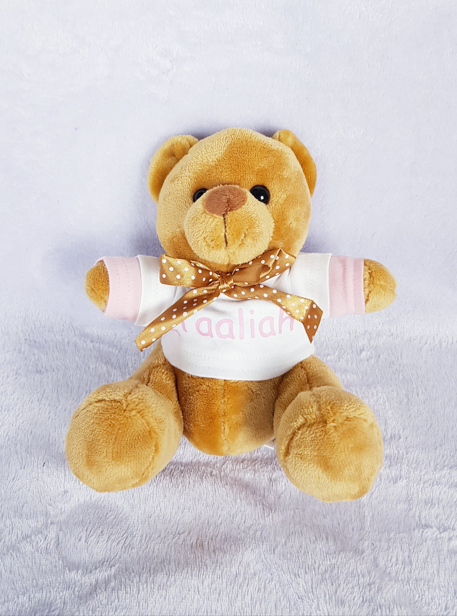 Personalised teddy bear from flower girl gift set wearing custom printed t-shirt
