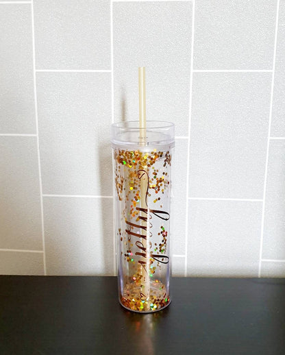 Personalised silver glitter skinny tumbler with straw showing sparkle detail