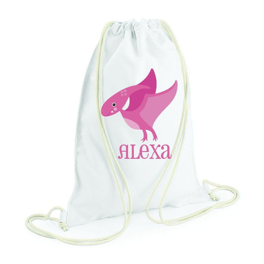 Personalised pink dinosaur drawstring bag for kids with custom name, gym and swim bag
