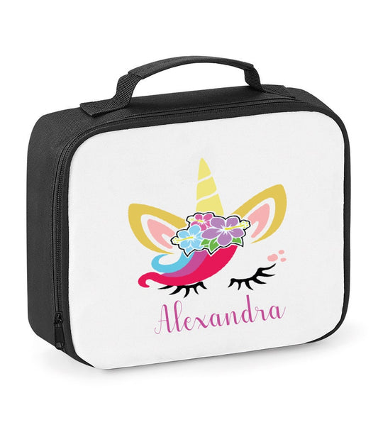 Personalised unicorn lunch bag with child's name and unicorn head design, insulated for school lunches