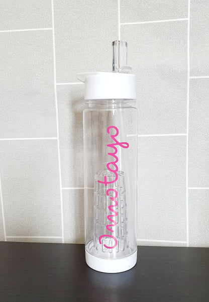 Close-up of personalised name and font detail on BPA-free fruit infuser water bottle
