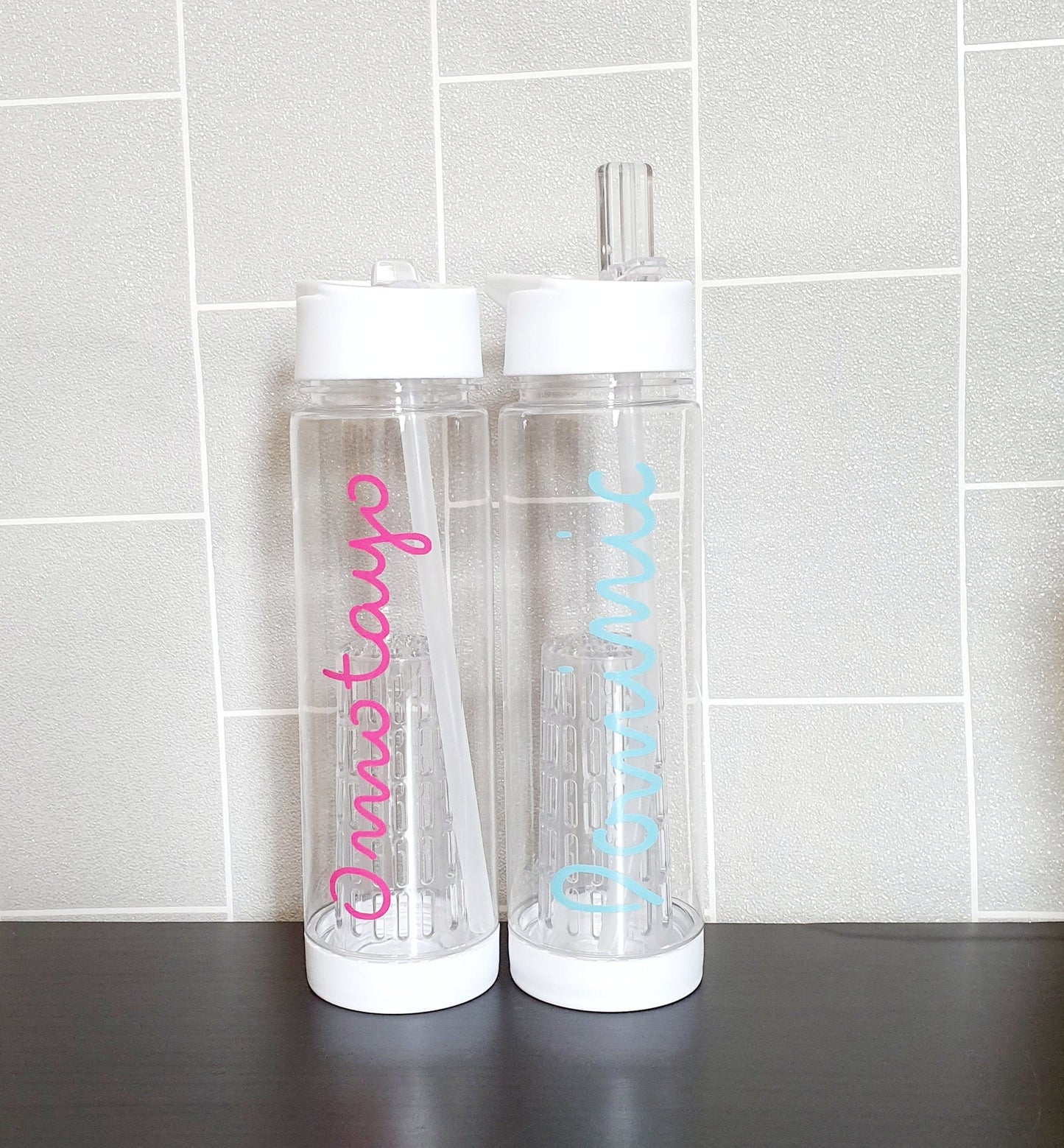 Personalised fruit infuser water bottle with straw and custom name in black