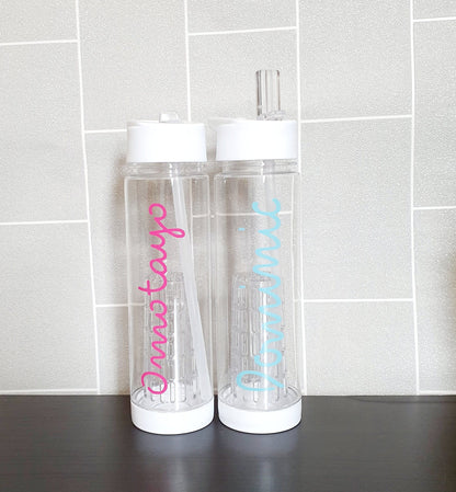 Personalised fruit infuser water bottle with straw and custom name in black