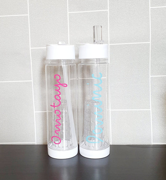 Personalised fruit infuser water bottle with straw and custom name in black