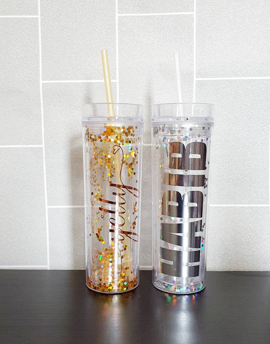 Personalised gold glitter skinny tumbler with straw and custom name