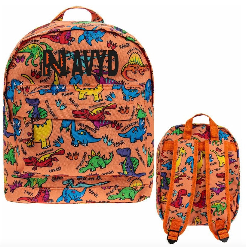 Personalised dinosaur backpack with dinosaur species names and illustrations, padded kids school bag