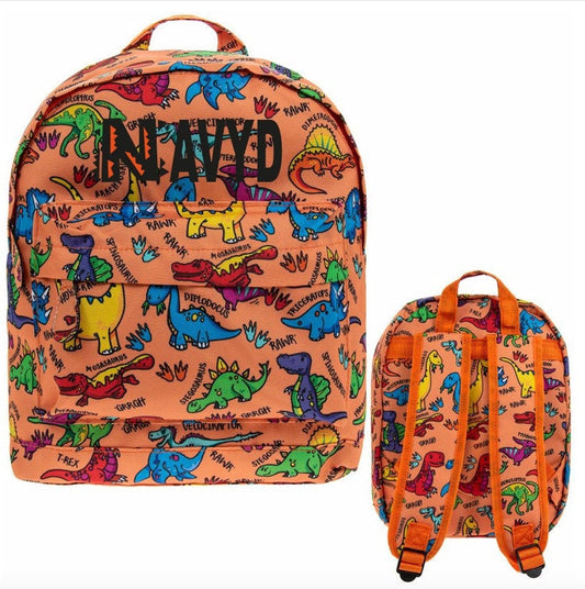 Personalised dinosaur backpack with dinosaur species names and illustrations, padded kids school bag