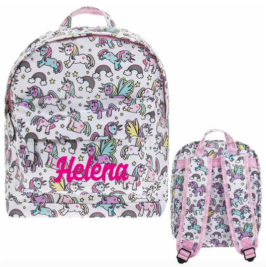 Personalised unicorn and rainbow backpack with custom name for kids, padded school bag