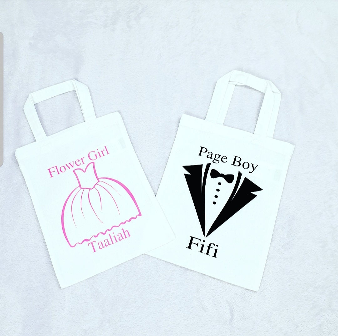 Personalised cotton wedding party gift bag for flower girls with custom name