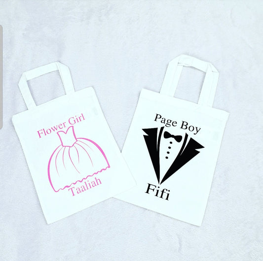 Personalised cotton wedding party gift bag for flower girls with custom name