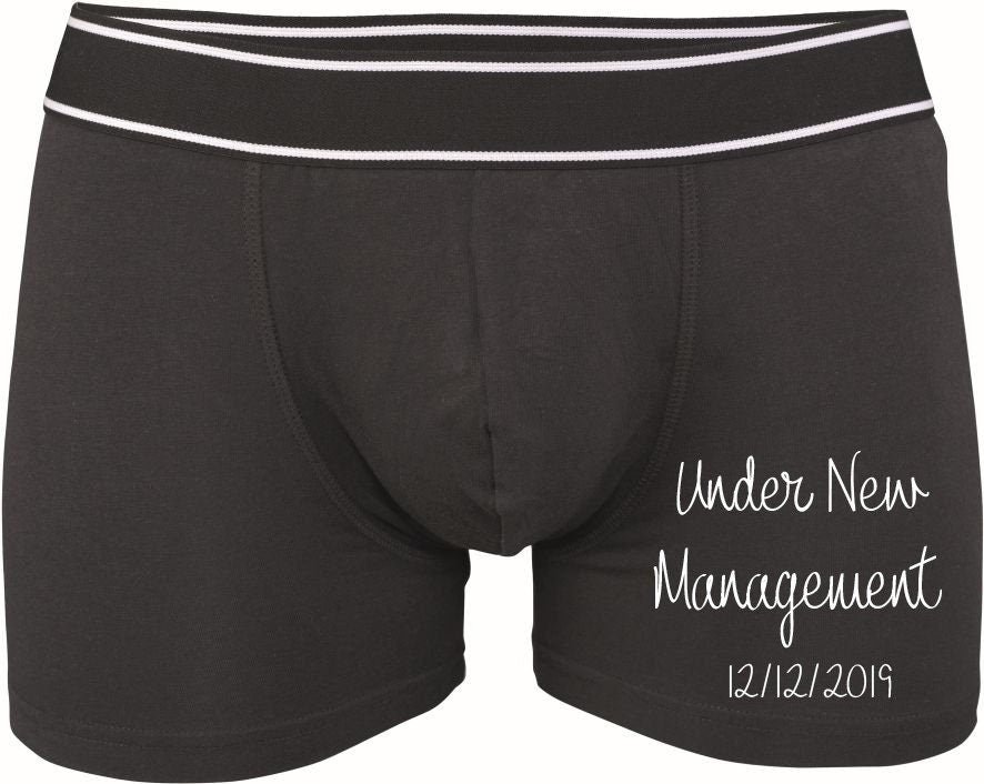 Personalised groom wedding boxers with bride name and wedding date on black cotton