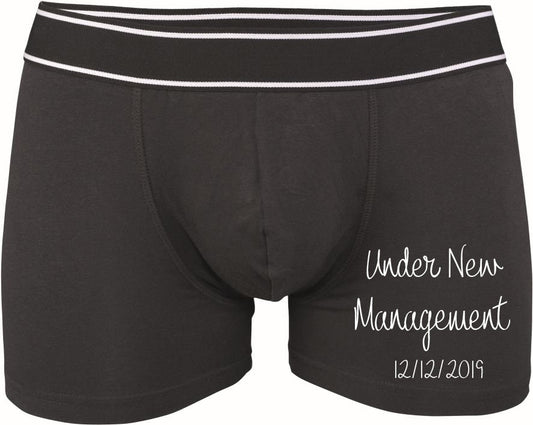 Personalised groom wedding boxers with bride name and wedding date on black cotton