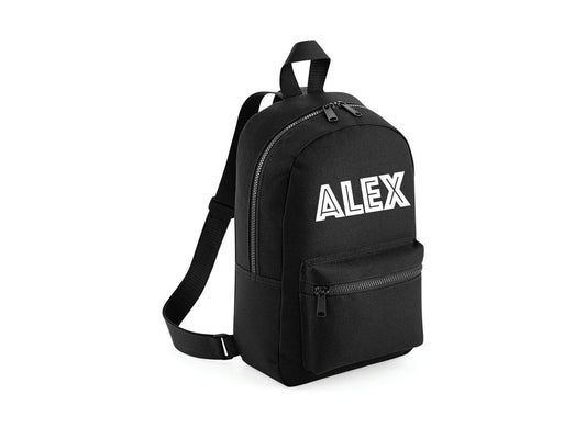 Personalised black kids backpack with custom name and adjustable shoulder straps
