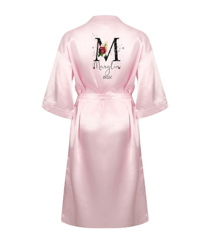 Personalised bridal dressing gowns in multiple colours showing floral monogram design