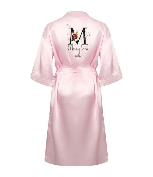 Personalised bridal dressing gowns in multiple colours showing floral monogram design