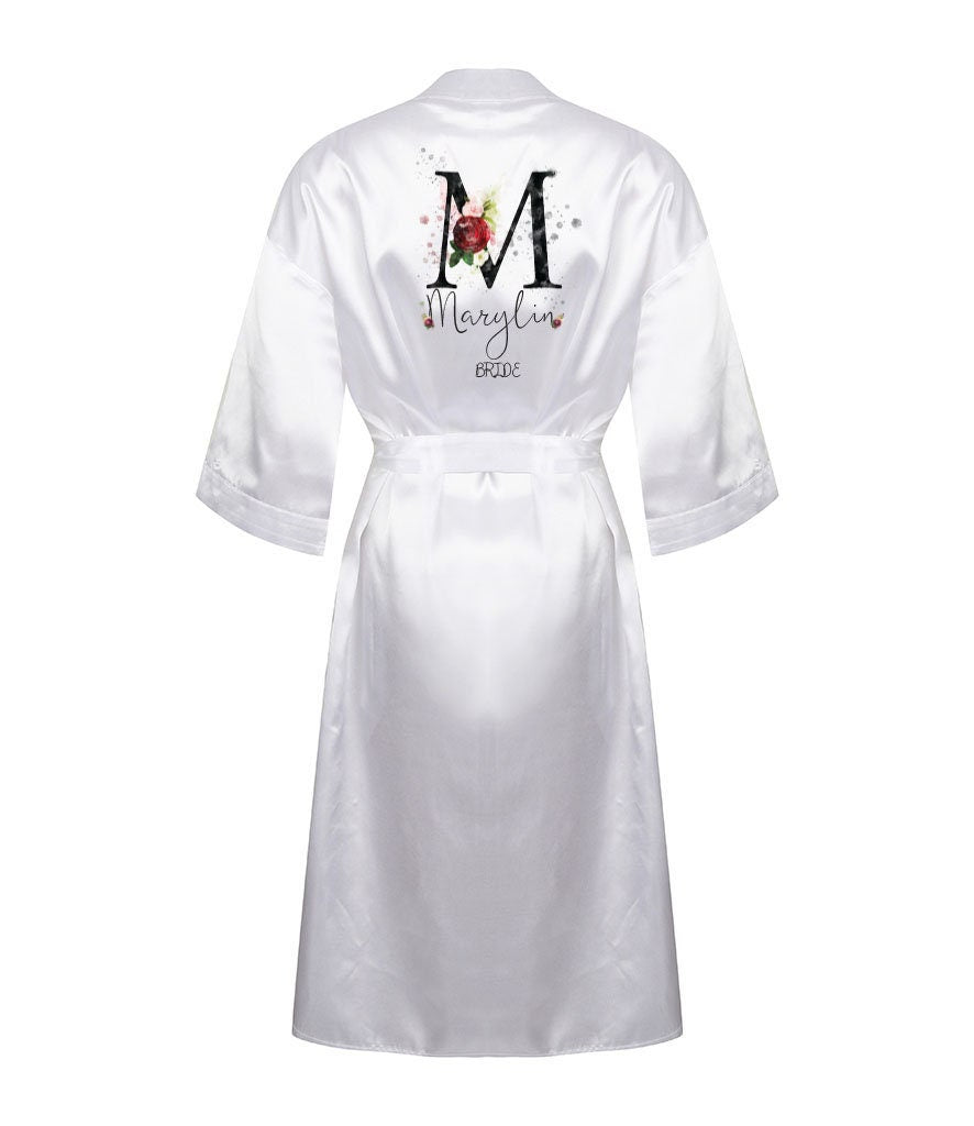 Personalised floral monogram dressing gown in white satin with kimono styling and side pockets