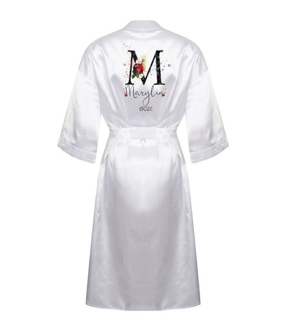 Personalised floral monogram dressing gown in white satin with kimono styling and side pockets