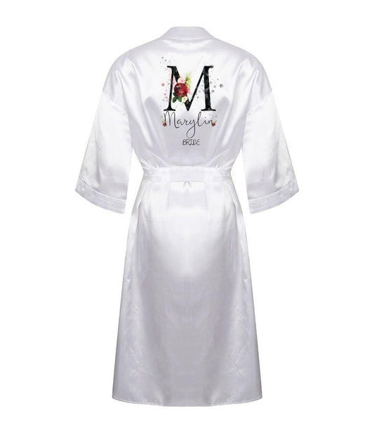 Personalised floral monogram dressing gown in white satin with kimono styling and side pockets