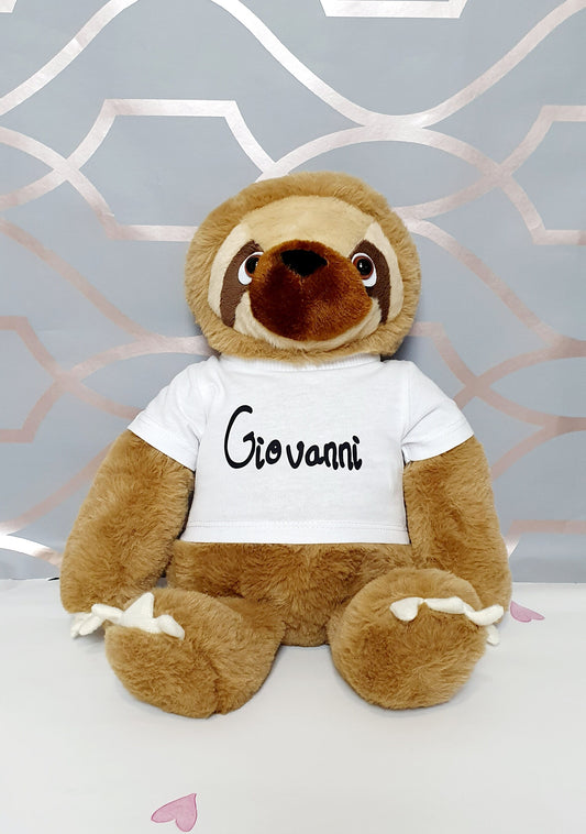 Personalised sloth teddy plush with removable custom t-shirt showing name personalisation, cuddly gift