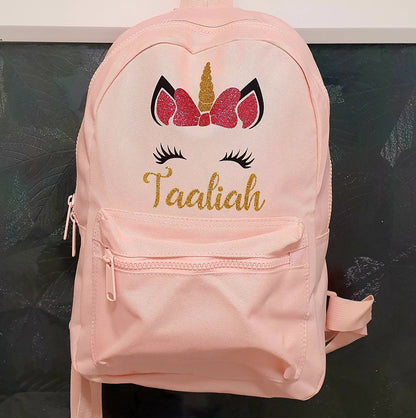 Personalised unicorn backpack with glitter unicorn face design and custom name for kids