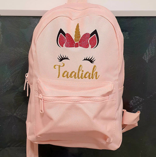 Personalised unicorn backpack with glitter unicorn face design and custom name for kids