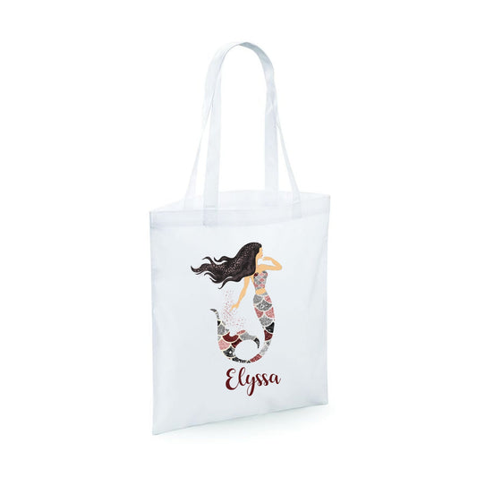 Mermaid glitter tote bag with sparkly mermaid design and personalised name