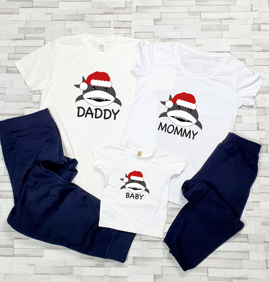 Personalised shark family Christmas pyjamas with shark design and custom name on navy pants set
