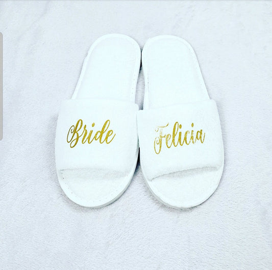 Personalised wedding spa slippers with custom printed design, open-toe with padded soles for bridal party