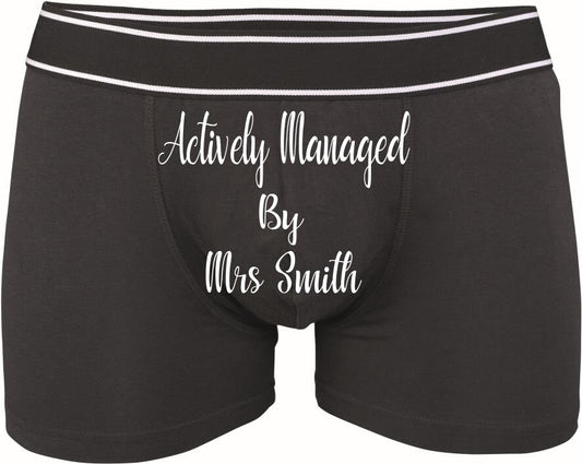 Personalised wedding boxers with bride name and wedding date on black cotton