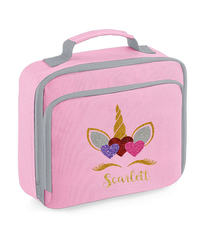 Personalised pink unicorn insulated lunch bag with custom name and front zip pocket