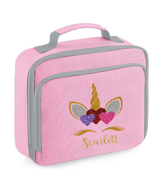 Personalised pink unicorn insulated lunch bag with custom name and front zip pocket