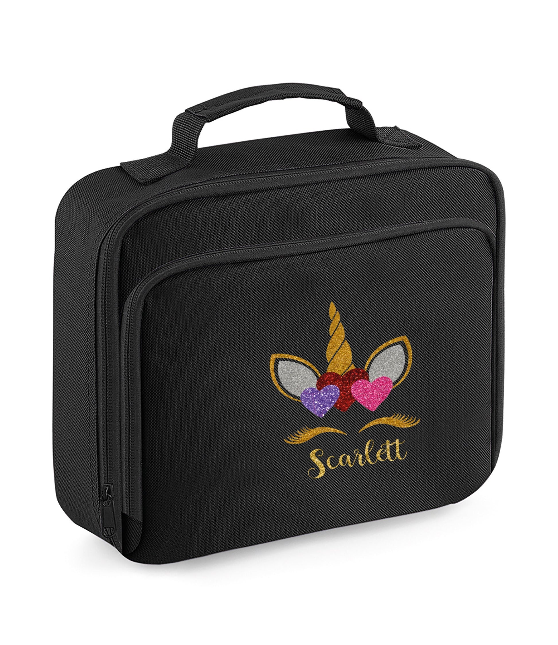 Personalised navy blue unicorn lunch bag with name personalisation for school