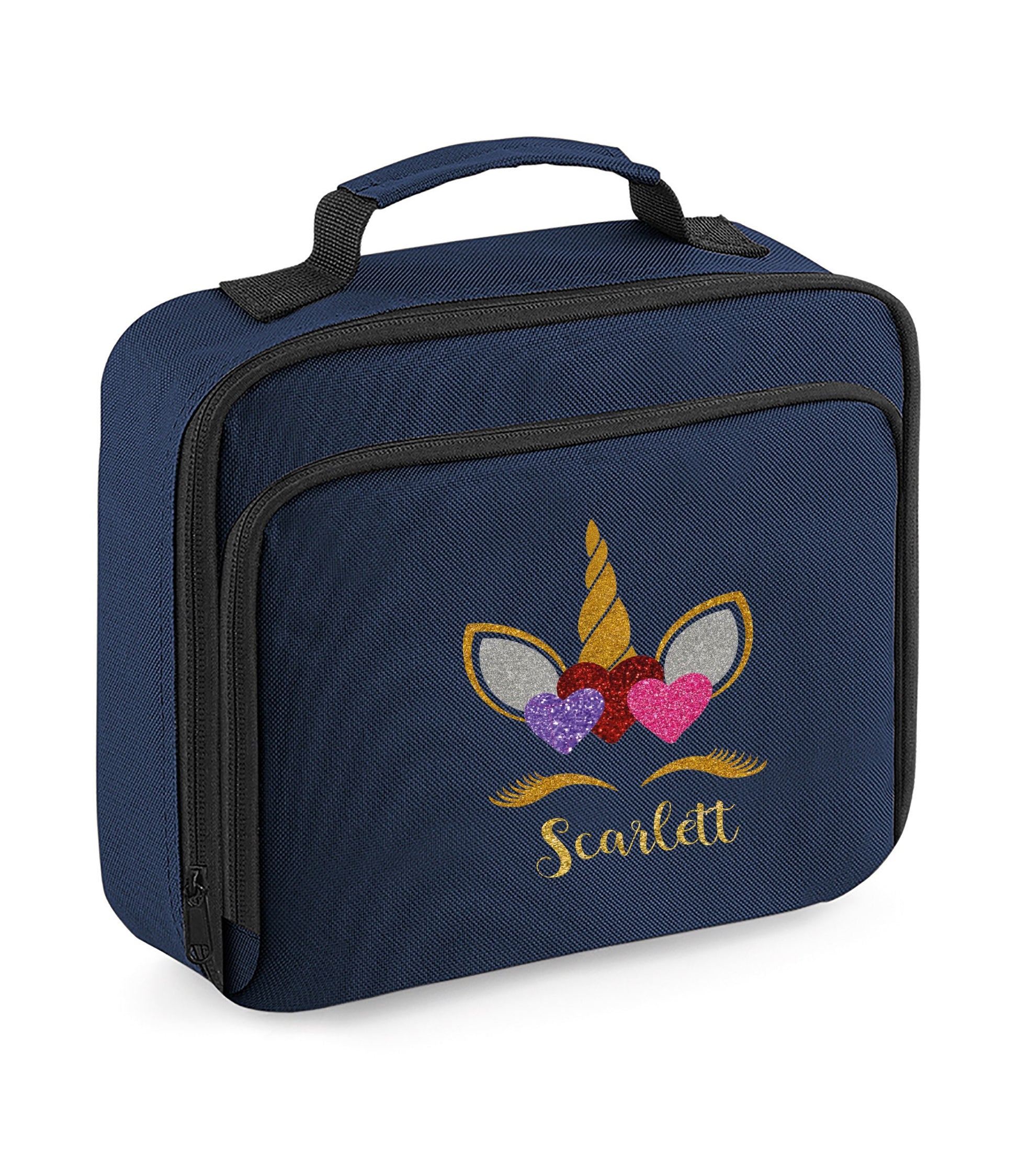 Personalised black unicorn insulated lunch bag showing unicorn design and custom text