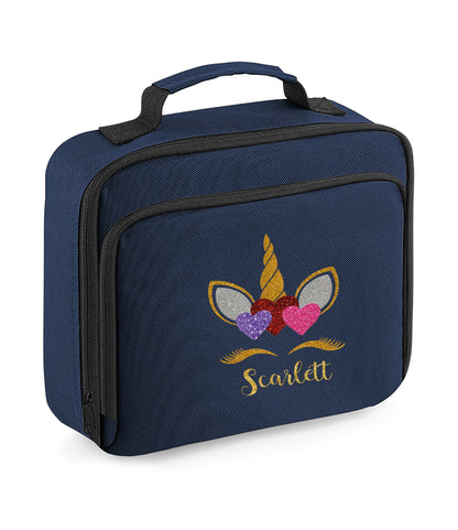 Personalised black unicorn insulated lunch bag showing unicorn design and custom text
