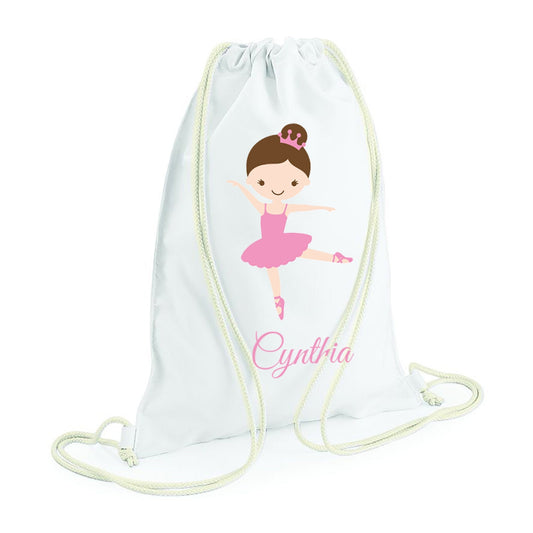 Personalised princess ballet drawstring bag with ballerina design and custom name for girls