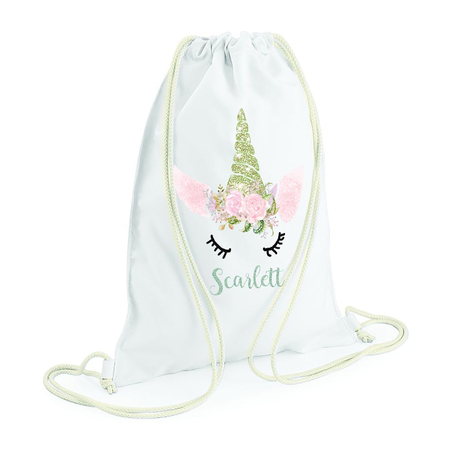 Personalised green glitter unicorn drawstring bag with custom name for girls