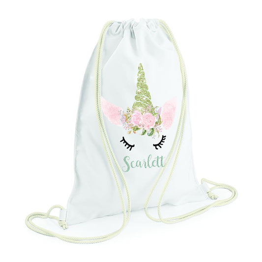 Personalised green glitter unicorn drawstring bag with custom name for girls