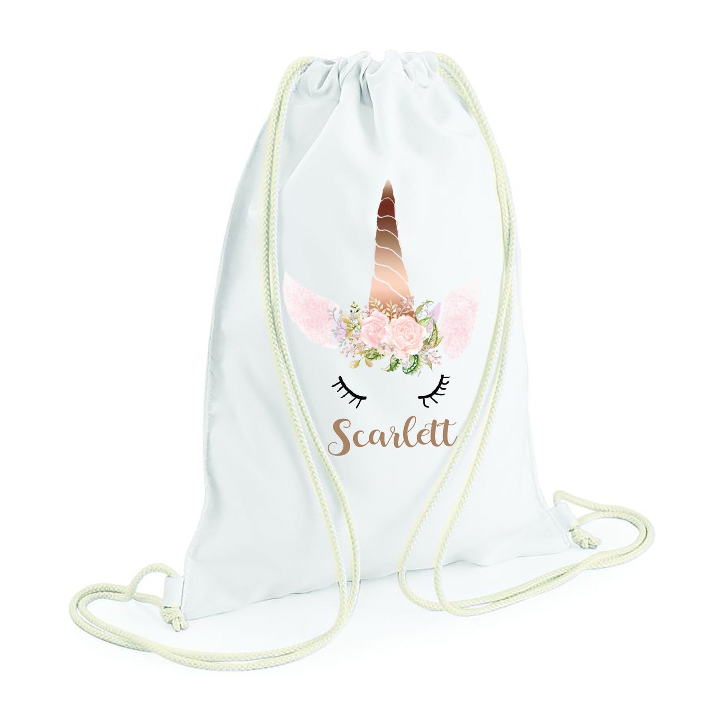 Personalised unicorn drawstring bag with printed design and custom name for girls