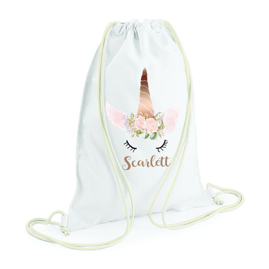 Personalised unicorn drawstring bag with printed design and custom name for girls