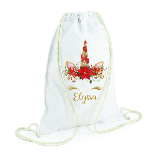 Personalised unicorn backpack for girls with red and gold glitter Christmas unicorn design and custom name