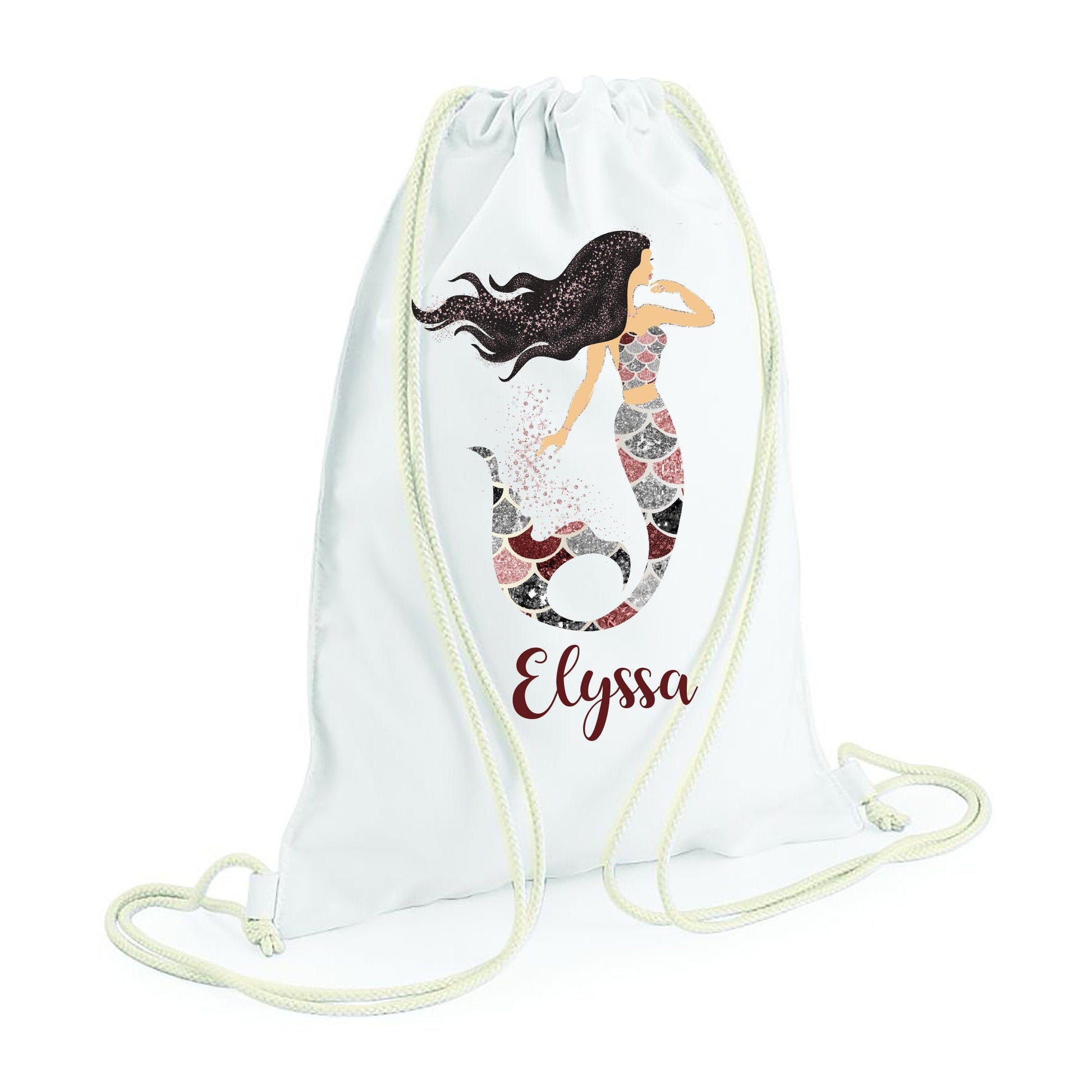 Personalised mermaid glitter design PE drawstring bag with custom name for girls