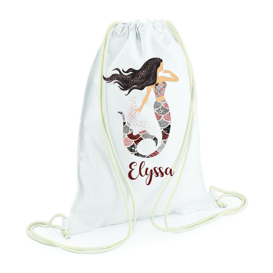 Personalised mermaid glitter design PE drawstring bag with custom name for girls